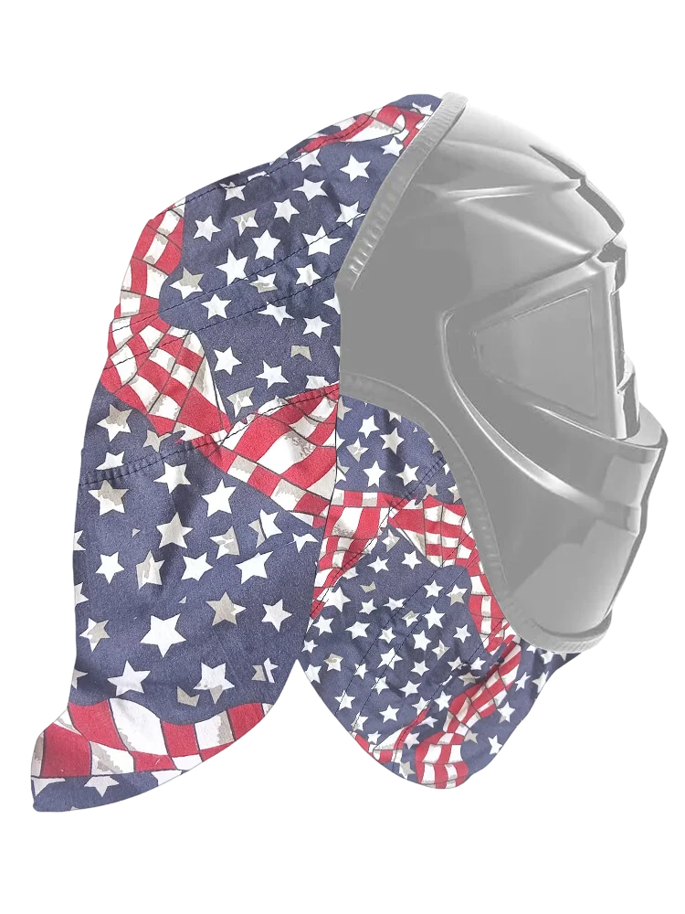 Geschweißter Schutzhelm und Schürze-Set mit patriotischem Design aus Sternen und Streifen.