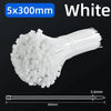 A bundle of white 5x300mm nylon cable ties is shown against a black background.