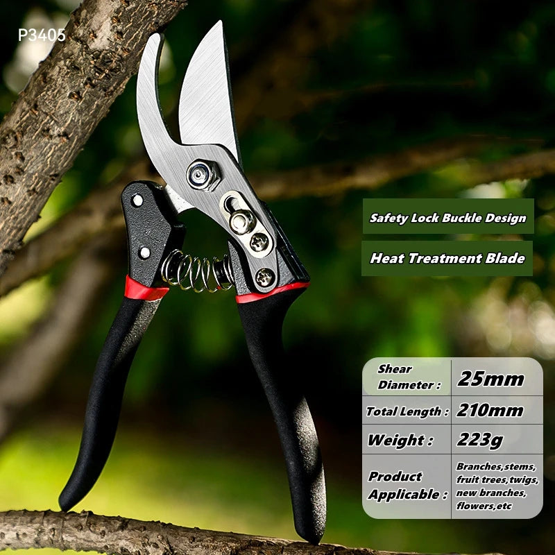 A pair of silver metal pruning shears with black handles is shown gripping a tree branch.