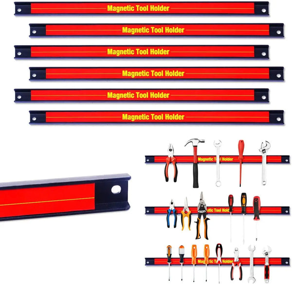 A set of magnetic tool holders arranged in a row and individual tools displayed below on a red and black bar organizer rack.