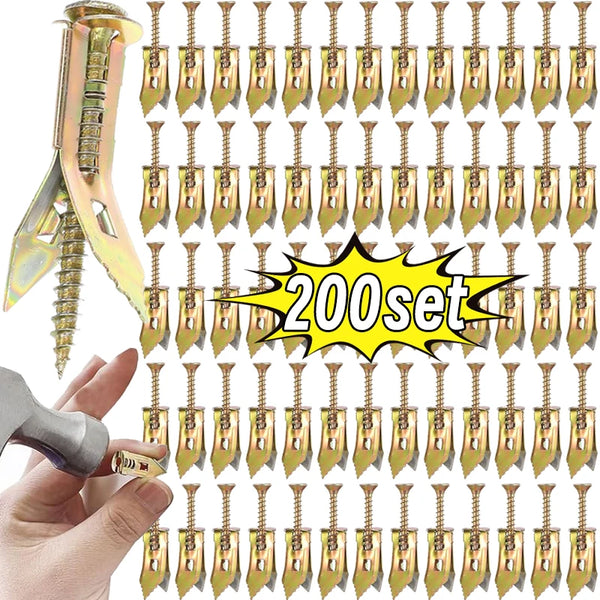 A collection of heavy-duty self-drilling drywall anchors and screws in a 200-set kit, shown next to a hand.