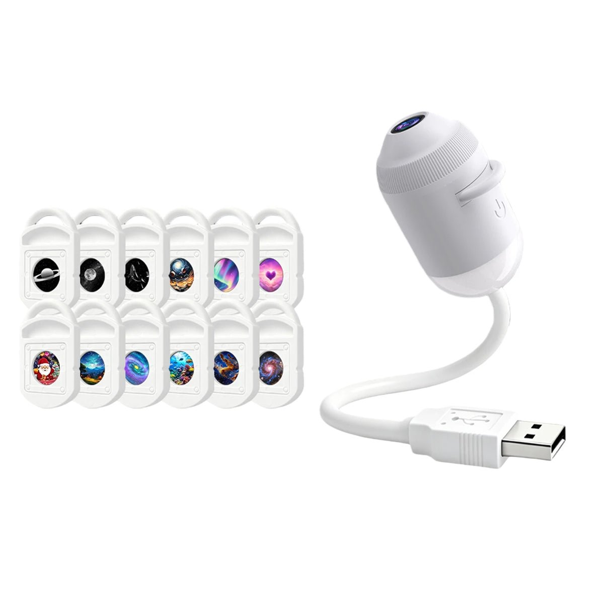 A white 2-in-1 Galaxy Star projector night light with multiple star patterns and a USB connector.