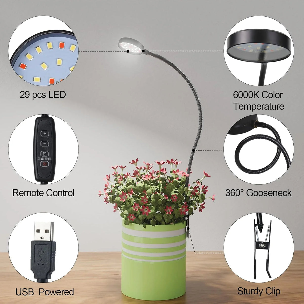 An adjustable USB powered LED grow light featuring a remote control and a 360 degree gooseneck for indoor plants.