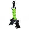 A black tactical glove clip with a bright lime green cord attached, designed for tool belts.