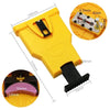 A yellow portable chainsaw tooth sharpening kit with various components and measurements shown in detail.