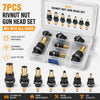 A set of 7 precision Rivnut and nut gun heads in various sizes M3 to M12 packaged in a clear box.