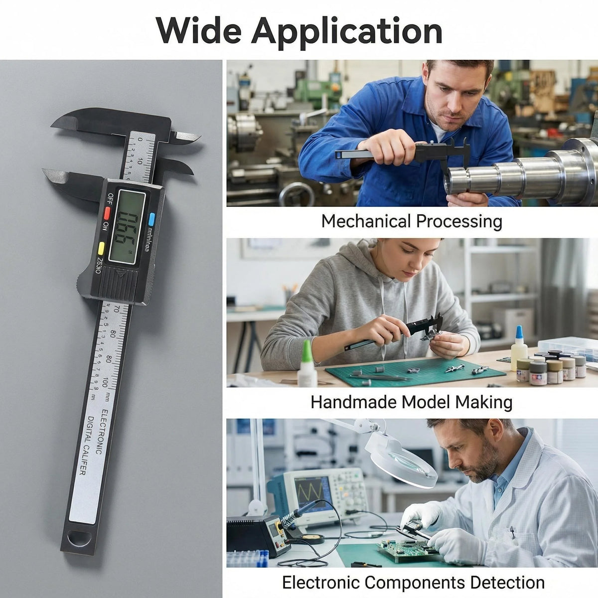 A digital caliper set is shown with various applications including mechanical processing, model making, and electronic compon