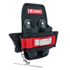 Black utility tool pouch with red belt clip and metal hardware attached to a carabiner.