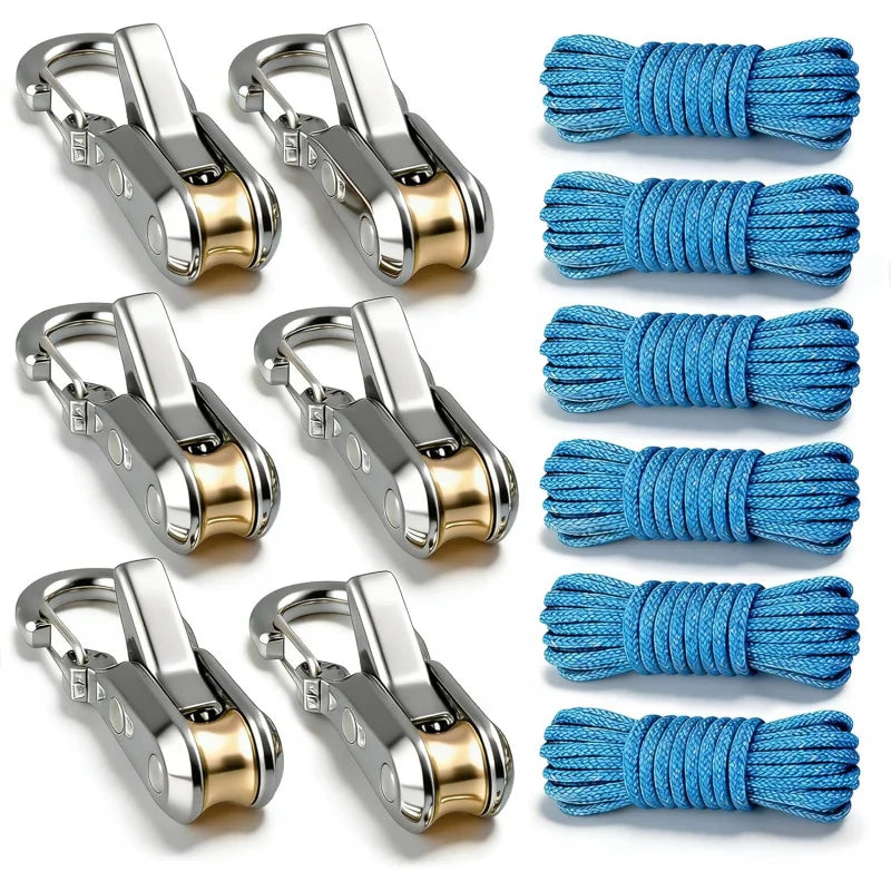 Un juego de herramientas de cuerda resistentes de plata y oro con cuerdas trenzadas azules.