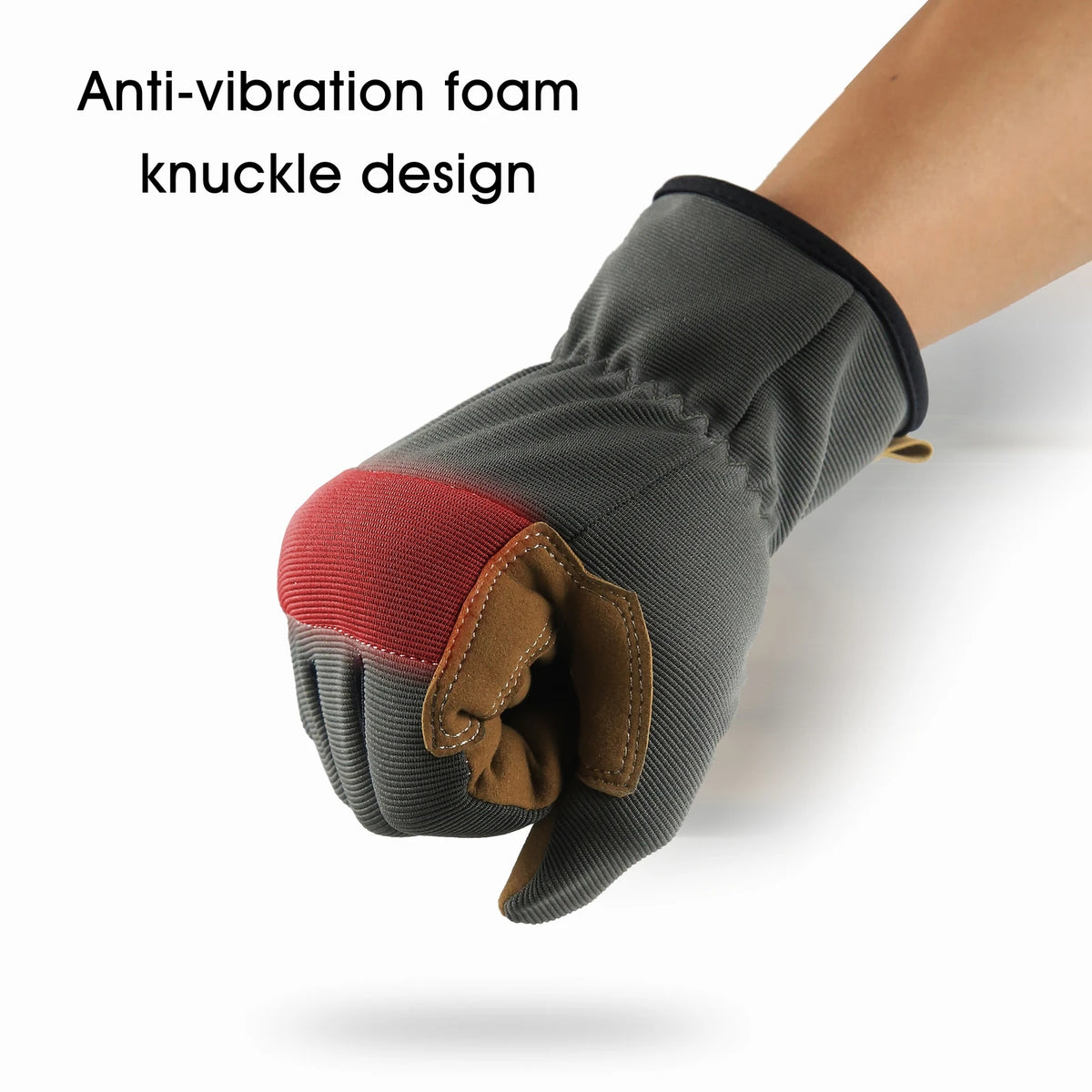 Gray anti-vibration foam work glove with a red knuckle design