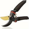 A close-up view of a black garden pruning shear with a yellow blade and an ergonomic handle.