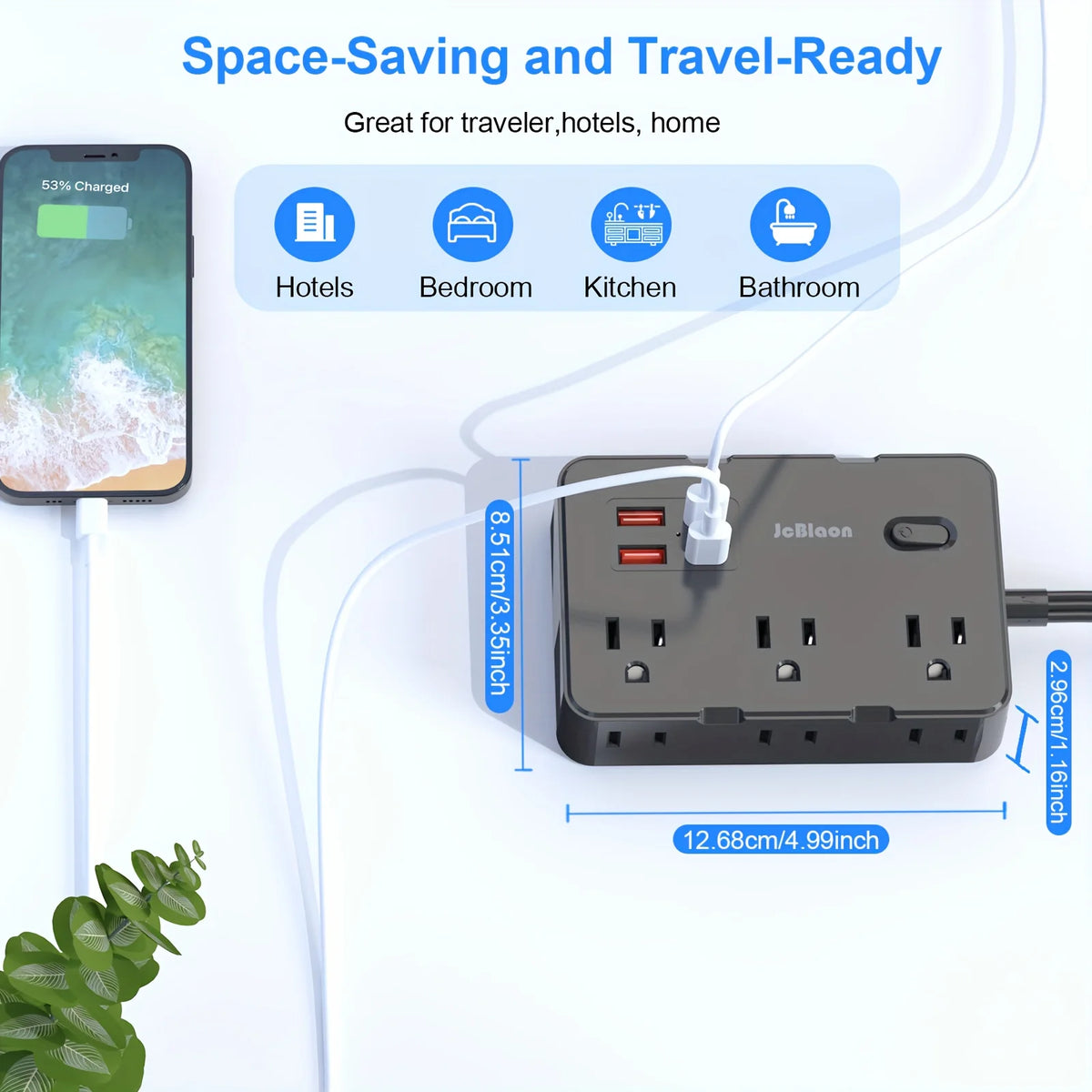 A black multi-port surge power strip with multiple outlets and USB ports is shown next to a smartphone.