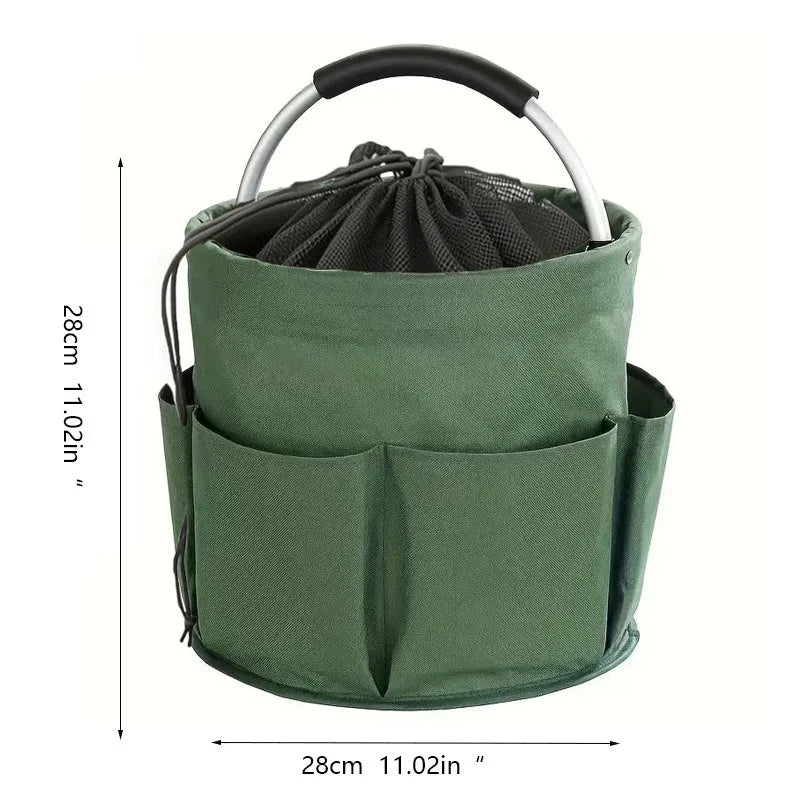 A dark olive green folding storage organizer basket with a handle and internal mesh