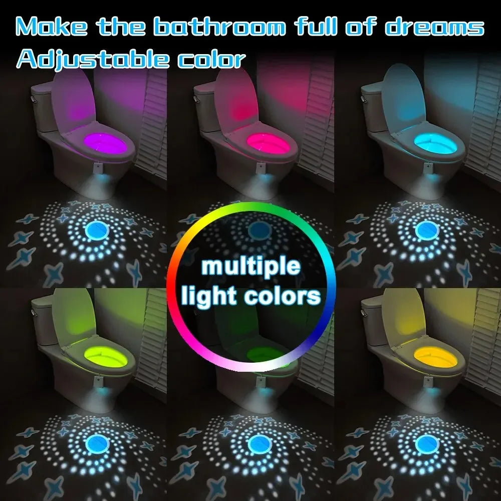 A set of adjustable color toilets with multiple light colors illuminating the bathroom.