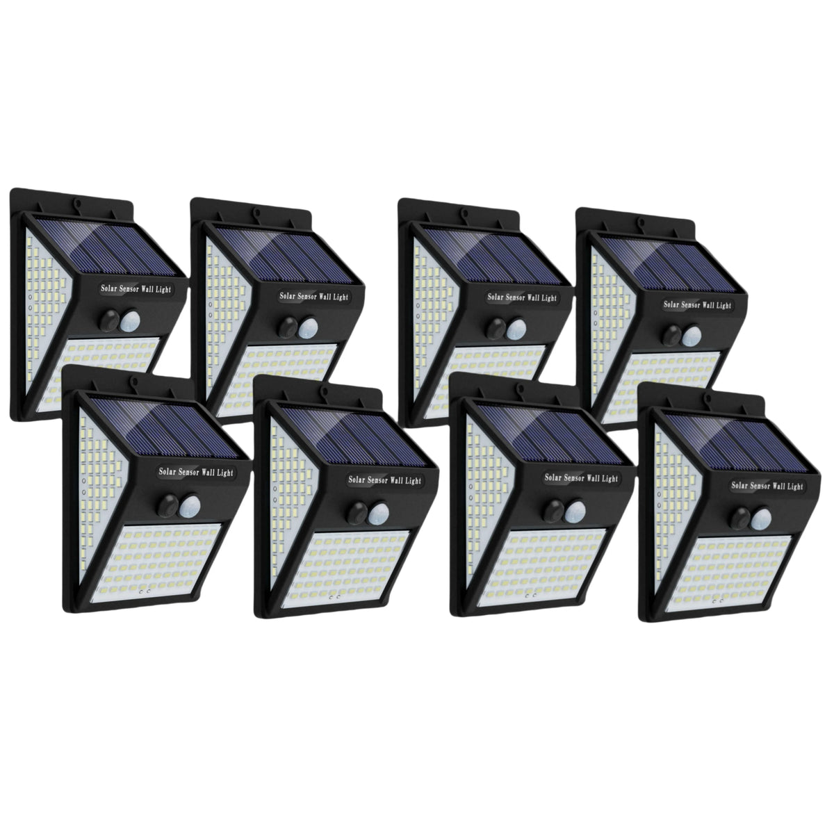 A set of twelve solar security lights with motion sensors mounted on a black bracket.