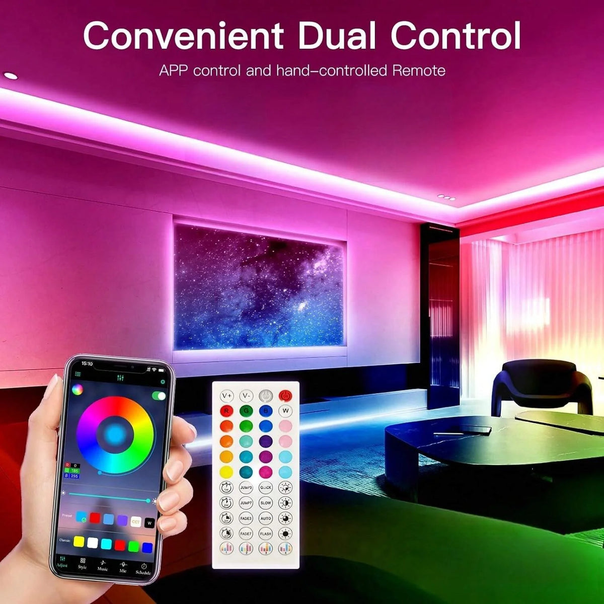A hand holds a smartphone and a remote control for a convenient dual control system featuring color changing RGB LED strip li