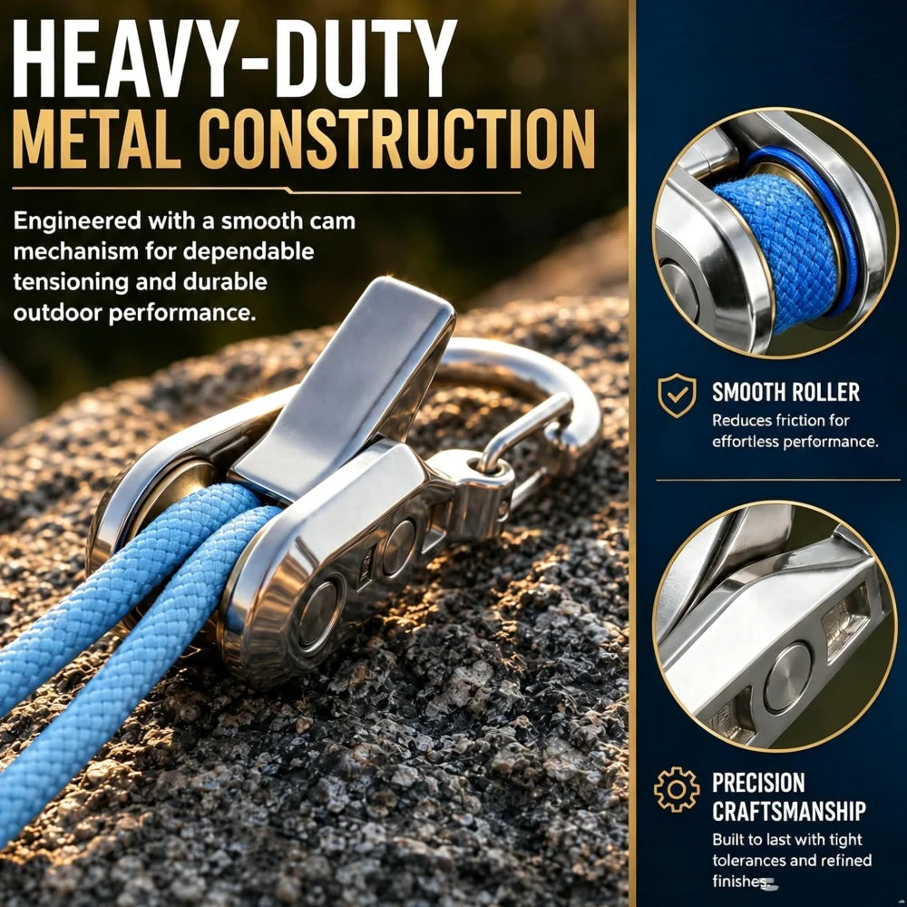 A close-up of a heavy-duty metal construction retractable rope tying tool with blue cord and silver hardware resting on a roc