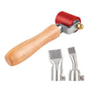 A wooden handle and red silicone roller tool for heavy-duty seam work.