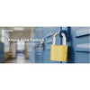 A yellow keyed padlock is shown on a blue security door, demonstrating heavy-duty security.