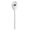 A white digital soil moisture meter with a clear scale and a long metal probe.