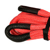 A coiled heavy-duty nylon recovery tow rope in red and black is shown.