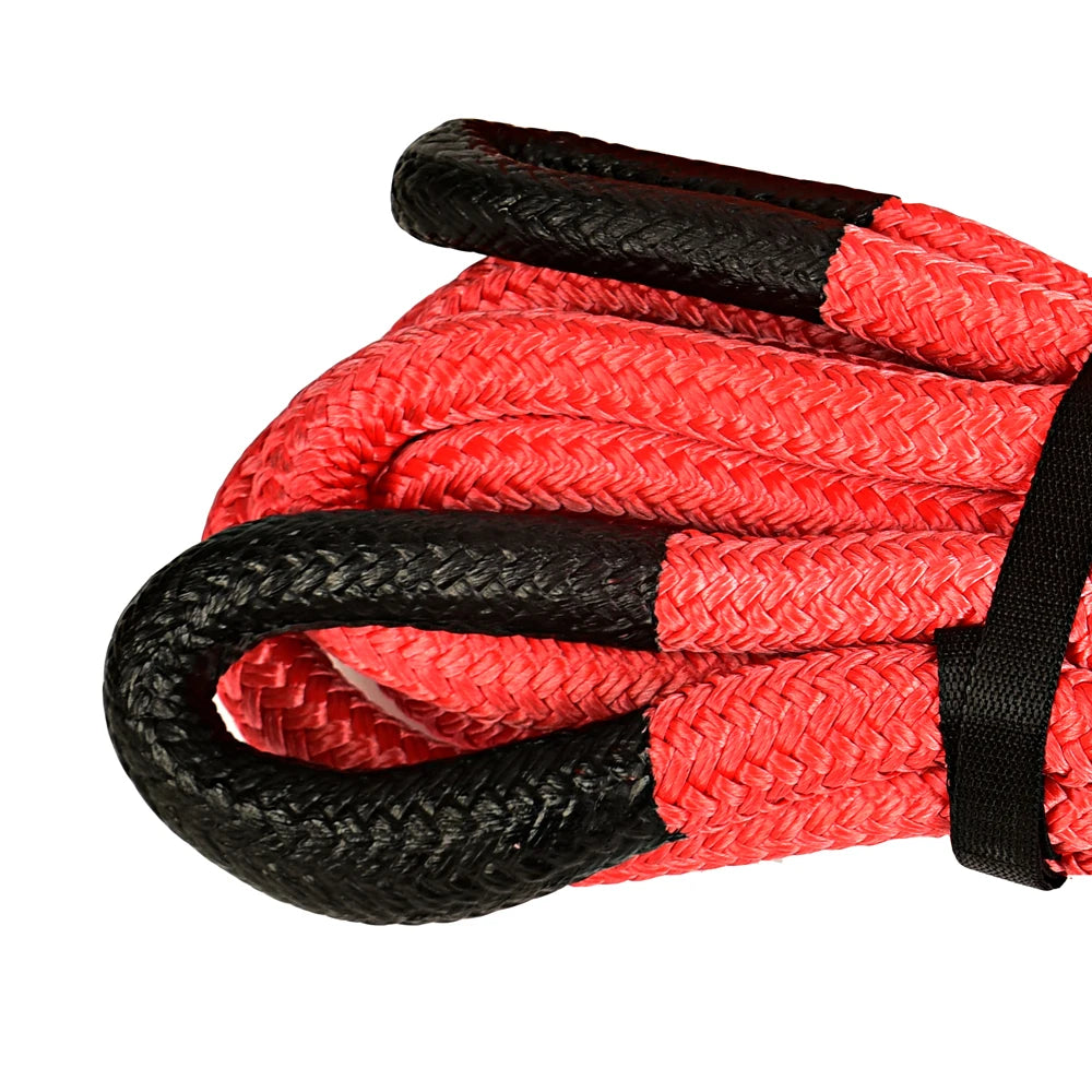 A coiled heavy-duty nylon recovery tow rope in red and black is shown.