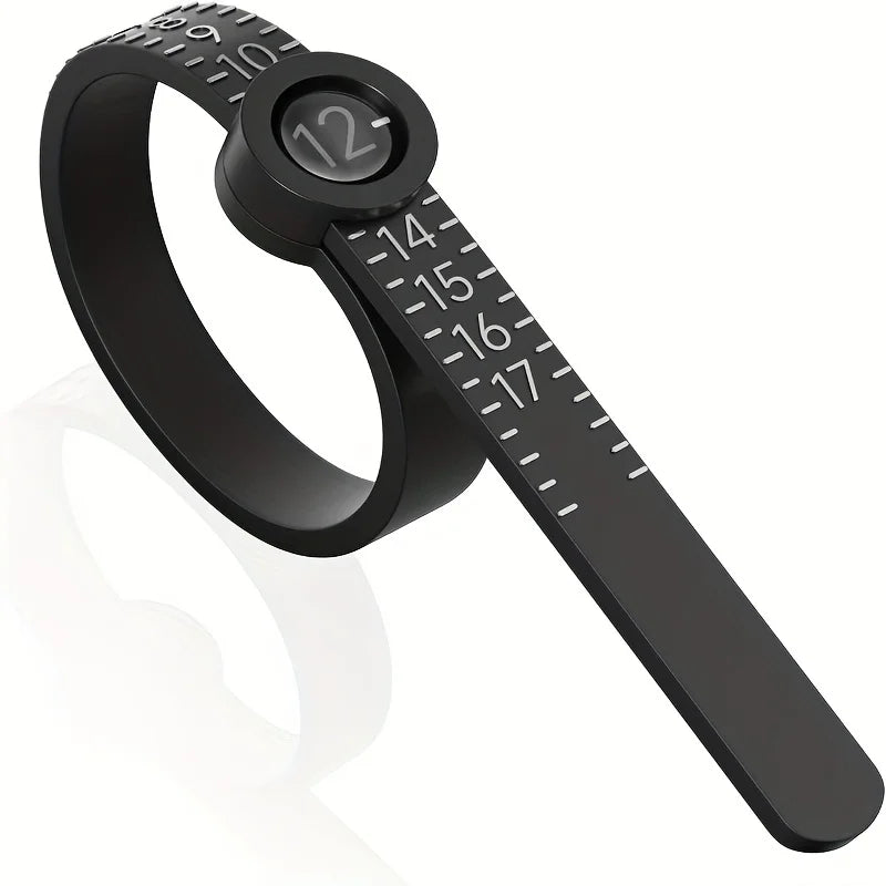 A black precision ring measuring tool with a magnifier and numbered scale.