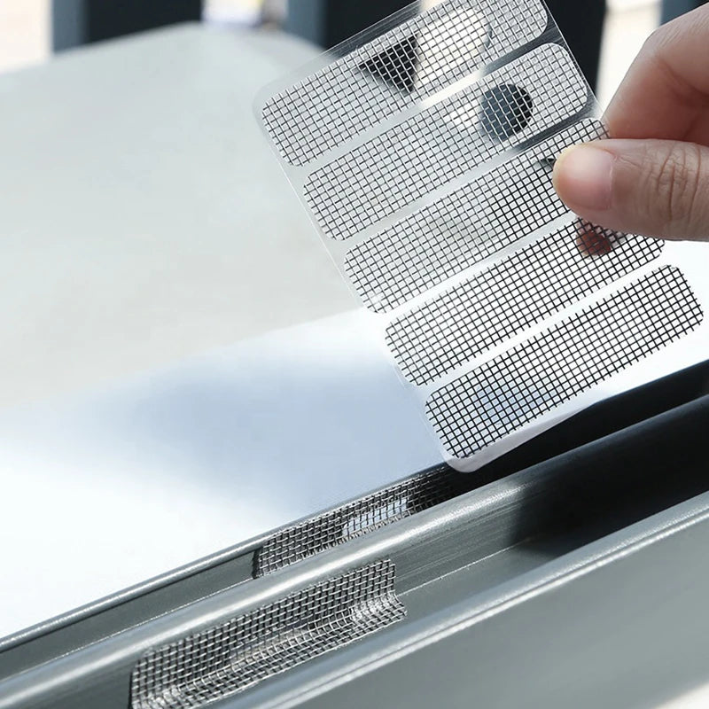 A hand is placing a clear window screen repair patch kit onto a silver frame.