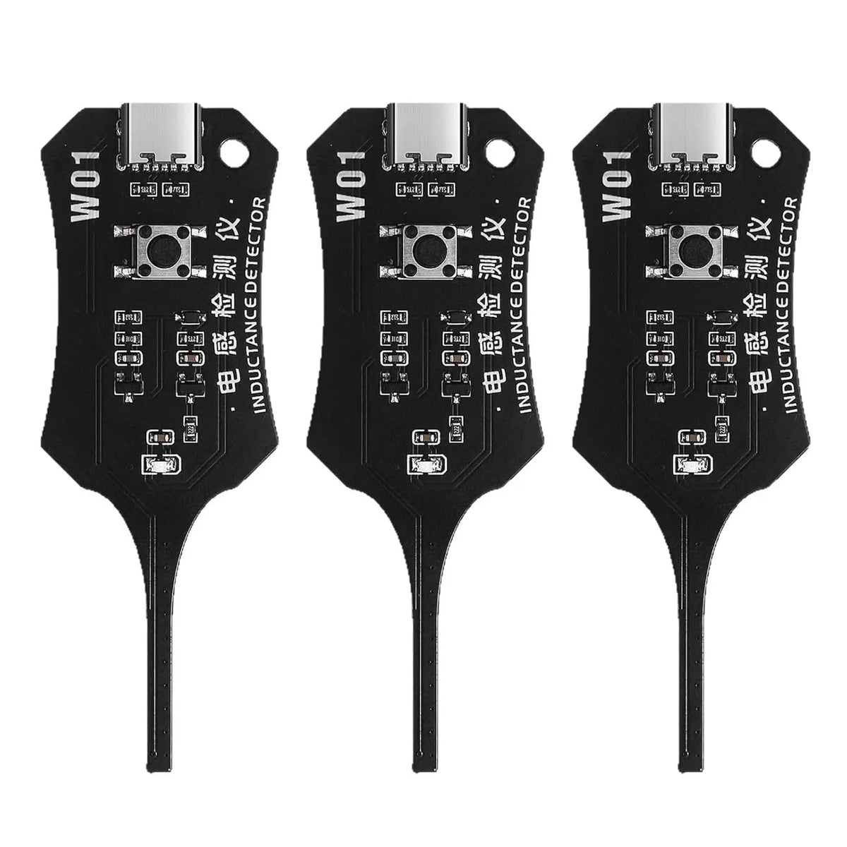 Three black precision inductance detectors labeled W01, showing the sensor and connector pins.