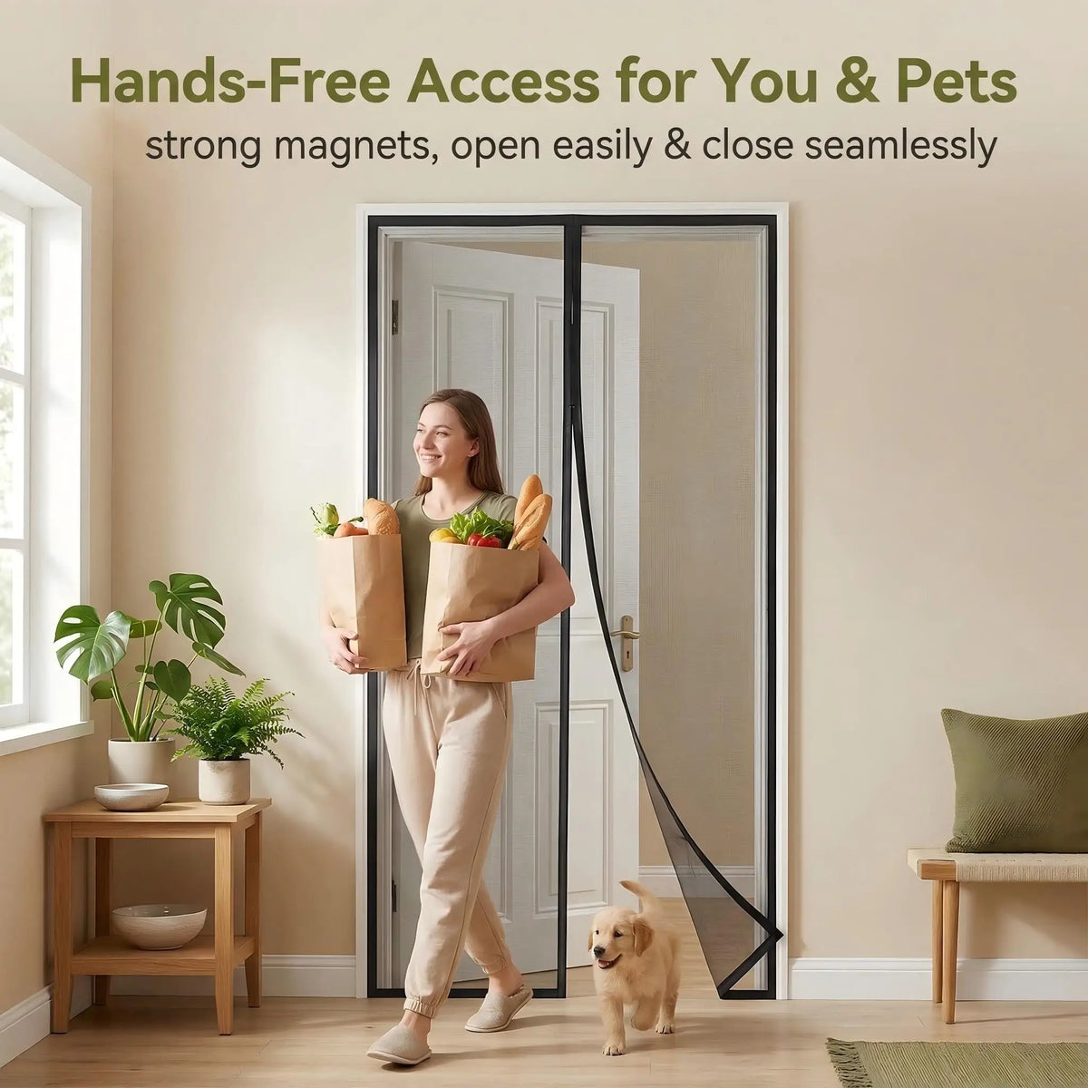 A woman holds a grocery bag while passing through a magnetic fiberglass door screen in a doorway.
