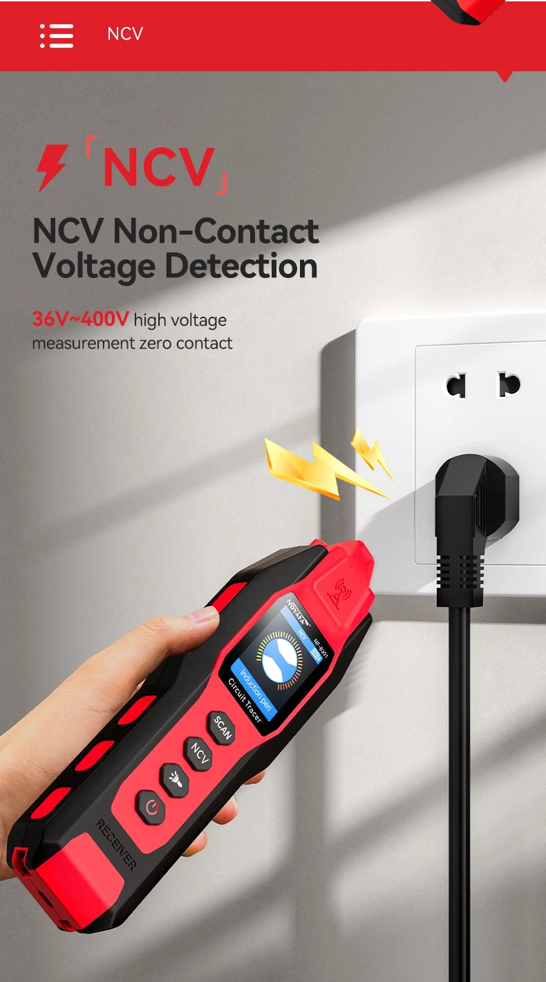 Eine Hand hält ein rotes NCV Nichtberührungsspannungsdetektorgerät an eine weiße Steckdose.