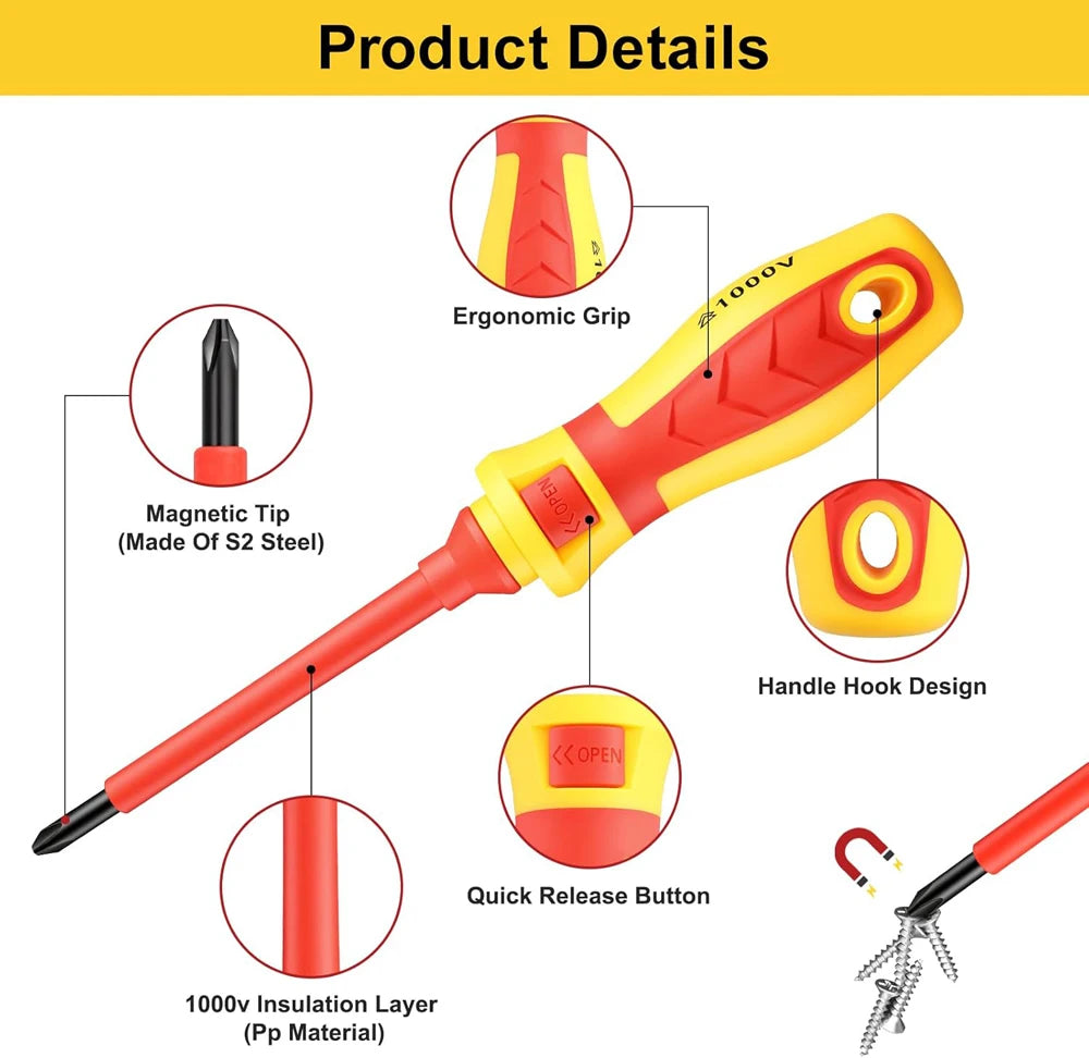 A bright orange and red precision magnetic screwdriver with an ergonomic grip, featuring a magnetic tip, hook design, and qui