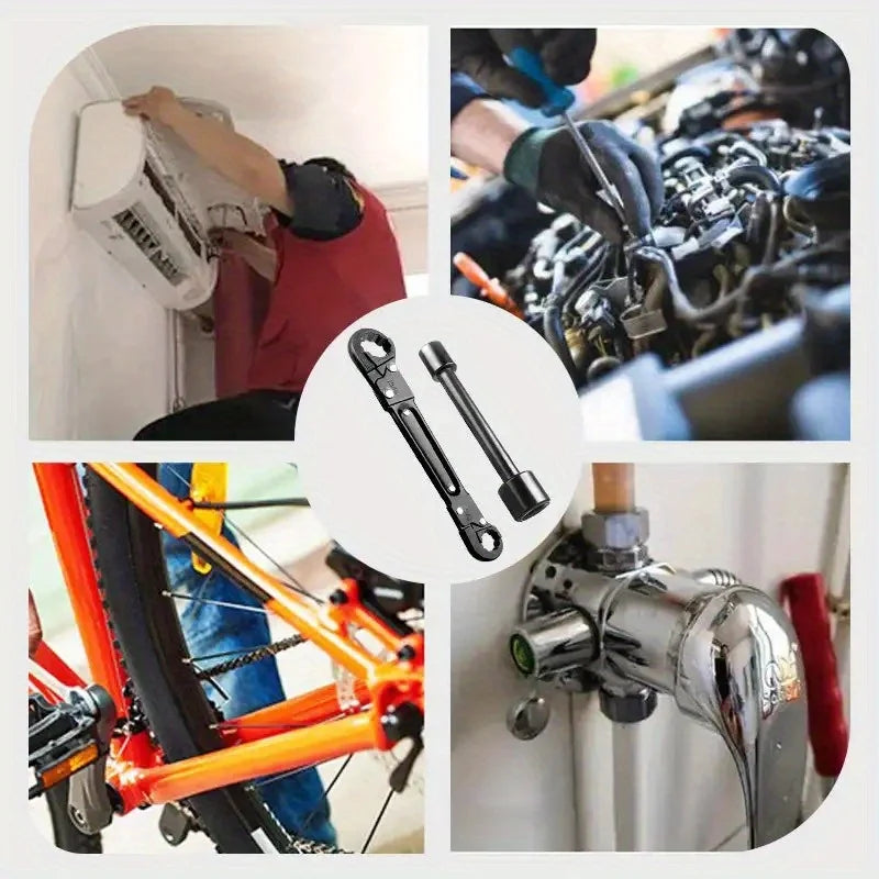 A collection of tools including a double-ended pipe wrench set, an air compressor, and bicycle components.