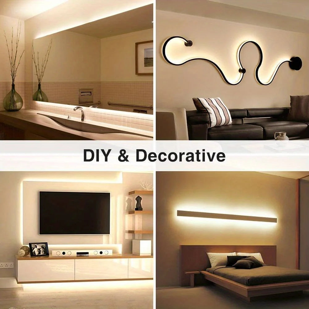 تصميم داخلي يضم إضاءة عصرية، تشمل وحدة إضاءة شريط نيون منحني وإضاءة LED مميزة.
