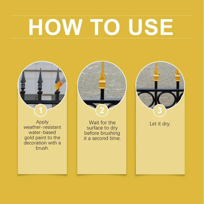 Three steps for applying weather-resistant metallic gold paint to a decoration using a brush.