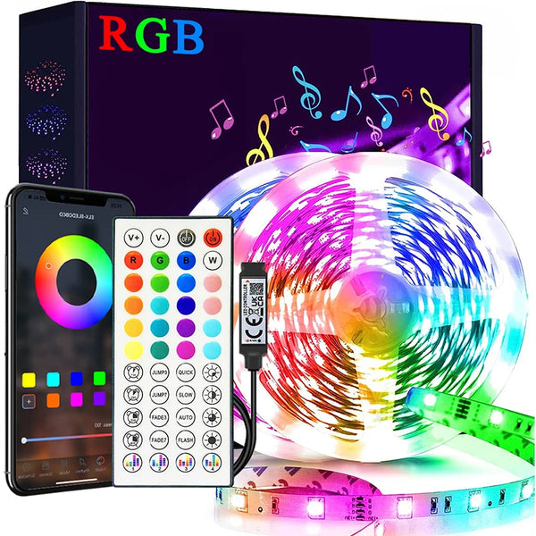 A flexible RGB LED strip light is shown alongside a monitor, a smartphone, and a circular light display.