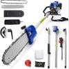 A professional 2-stroke gas pole saw for tree trimming with a blue and black body, blade, and accessories.