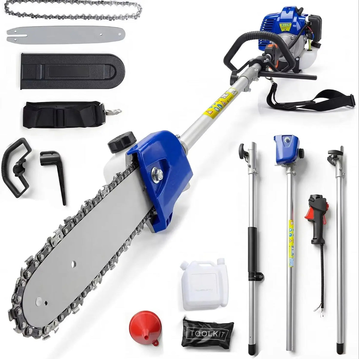 A professional 2-stroke gas pole saw for tree trimming with a blue and black body, blade, and accessories.