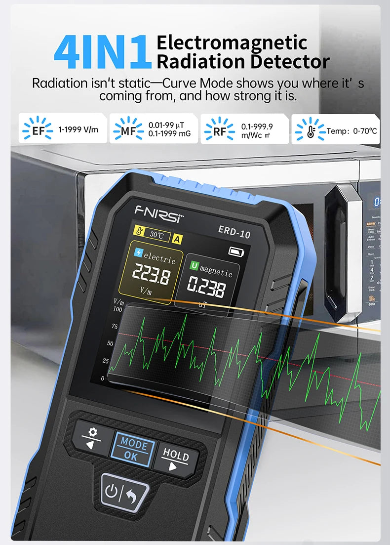 A handheld 4IN1 Electromagnetic Radiation Detector showing a green waveform on an LCD screen.
