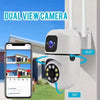 A white dual view camera is mounted on a wall, showing a smartphone screen displaying live video and recording options.