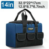 A blue and black heavy duty multi-compartment tool organizer bag with carrying handles.