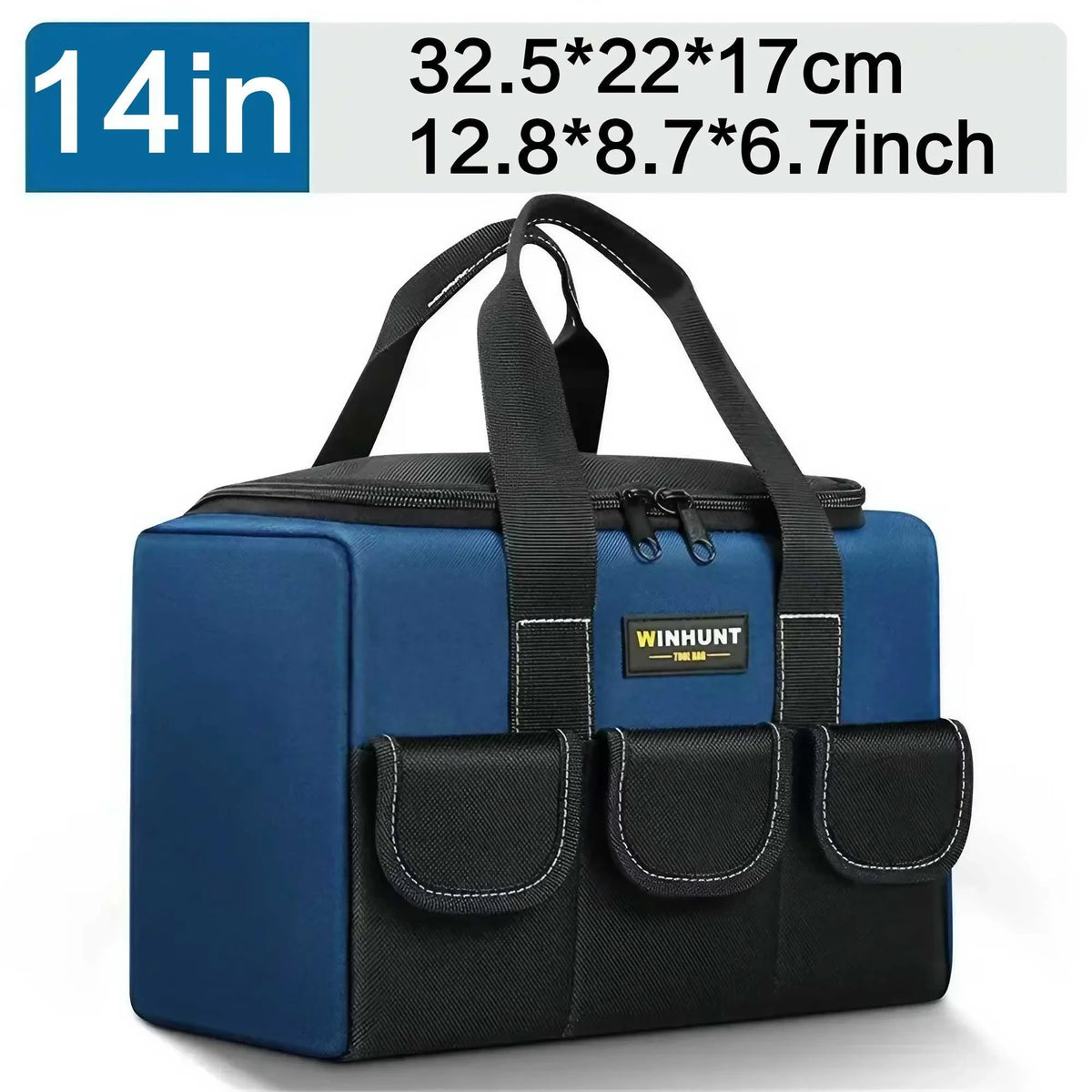 A blue and black heavy duty multi-compartment tool organizer bag with carrying handles.