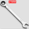 A silver 21mm universal ratchet torque wrench is shown against a light gray background.
