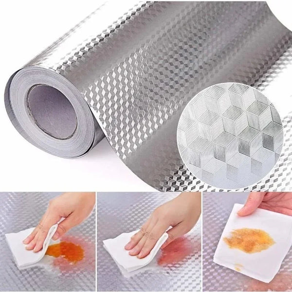 Roll of silver aluminum foil contact stickers and examples of their use on a surface