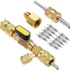 Ensemble d'outils de précision pour le retrait du cœur des valves, comprenant un raccord en laiton et un outil argenté.
