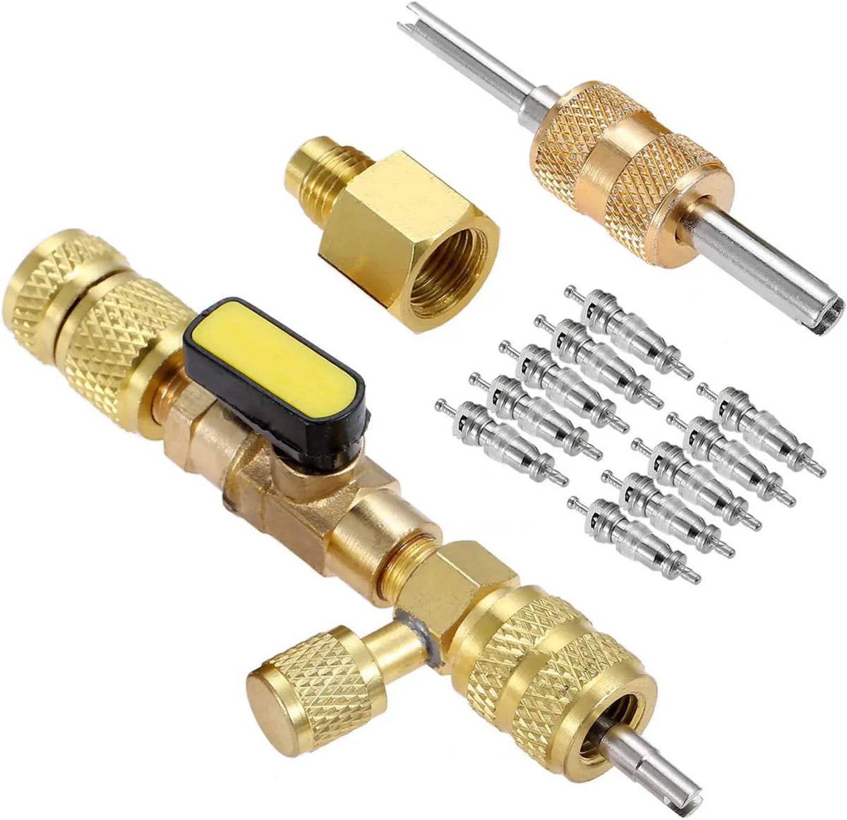 Ensemble d'outils de précision pour le retrait du cœur des valves, comprenant un raccord en laiton et un outil argenté.