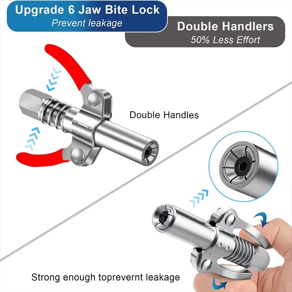 A close-up view of a silver grease fitting pump with double handles and a red seal, demonstrating its leak prevention feature