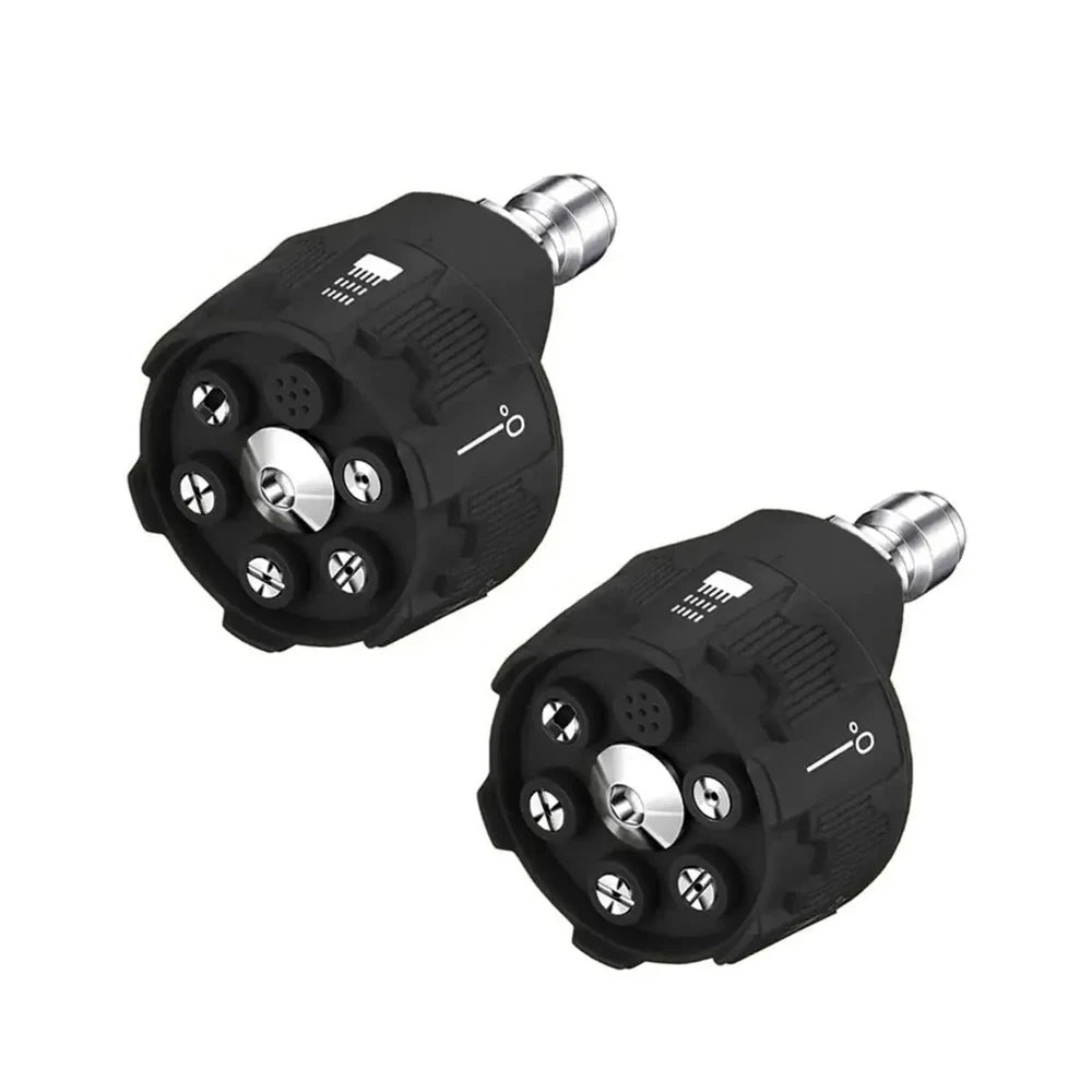 A set of six adjustable pressure washer nozzles in black and silver.