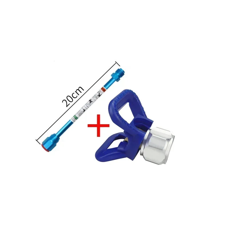 A blue paint sprayer gun extension rod with a silver nozzle and a 20cm measurement scale.
