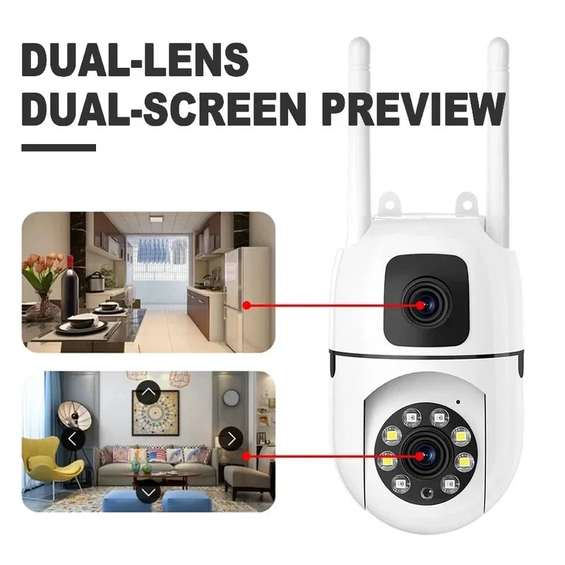 Preview of a dual-lens dual-screen security camera showing various installation and usage contexts.